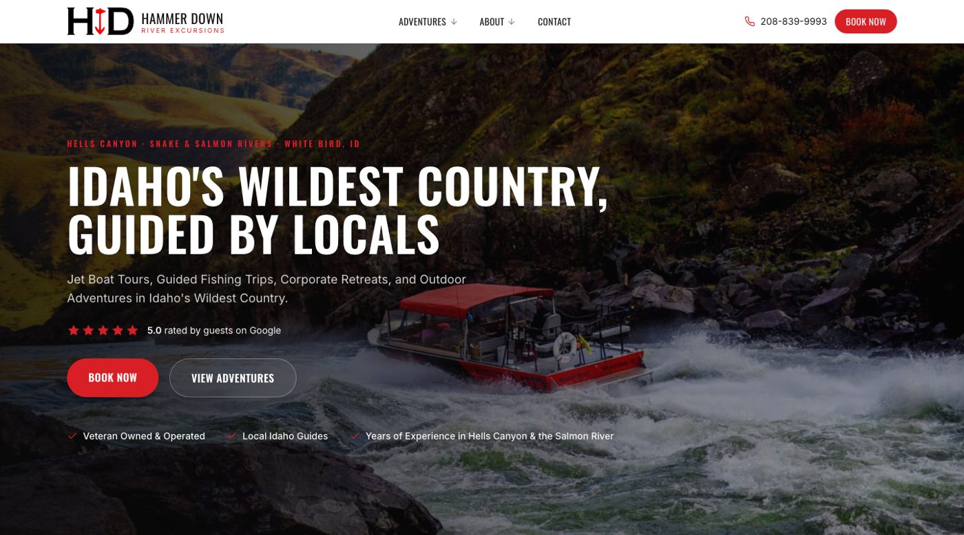 Homepage of the Hammer Down River Excursions website showing a red jet boat on the Snake River