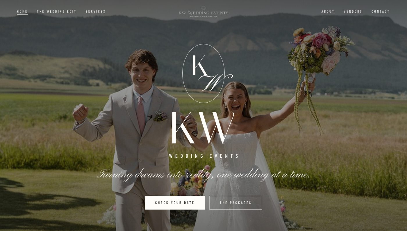 Homepage of the KW Wedding Events website showing a couple walking back down the aisle in a mountain meadow